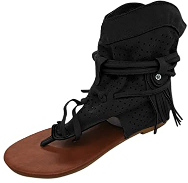 Sandalen Damen Sommer,Sandaletten Damen Flache Schuhe mit Fransen Sandalen Zehentrenner Römersandalen Clip Toe Quaste Retro Damenschuhe Frauen Casual Peep Toe Römische Sandale Outdoorschuhe