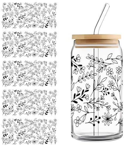 ISAKEN 5 Blätter Becher Transfer Aufkleber Blumen UV DTF Tasse Wickeln Übertragungs Aufklebern Wasserfeste Rub on Cup Wrap Transfers Sticker für Kaffeetasse Glas Flaschen Laptop Dekor