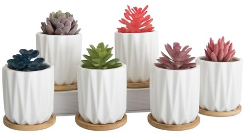 ARTKETTY Lot de 6 petits pots de fleurs blancs de 8,9 cm avec plateau de drainage en céramique pour plantes d'intérieur – Pots de fleurs cactus, cadeaux d'anniversaire pour femme