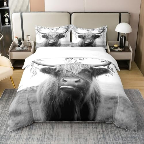 Loussiesd Hochlandkuh Bettwäsche Set 200x200cm 100% Baumwolle Bull Laub Bettbezug Set für Kinder Jungen Mädchen Eucalyptus Blatt Betten Set Bauernhaus Jahrgang Western Tier Komisch Dekor 3St
