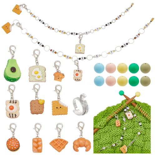 NBEADS 33 Stück Stricken Zubehör Kit, Einschließlich 10 Stück Lebensmittel Maschenmarkierer 2 St. Stricken Reihe Zähler Ketten 20 St. Stricknadel Stopper 1 St. Yarn Guide Finger Ring für DIY Stricken
