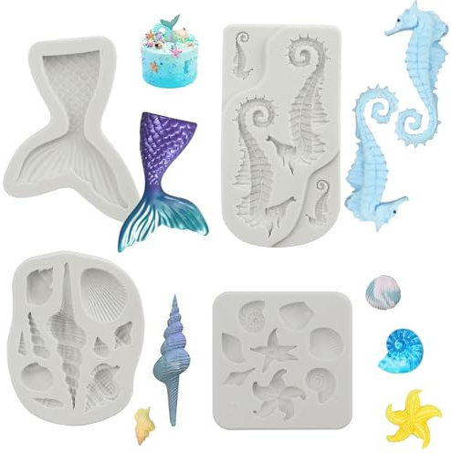 Stampo In Silicone Per Animali Marini, 4 Pcs 3D Stampi per Torte a Tema Marino, Stampo Conchiglie di Animali Marini, Fondant Mold, Stampo Per Coda Di Sirena, Per Torte, Biscotti, Cioccolato, Caramella