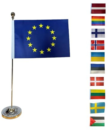 Bandera de Mesa con Soporte – Bandera de Tela 21 x 14 cm con Asta Metálica, Soporte de Mesa 38 cm, Bandera Reemplazable para Escritorio, Oficina, Mesa de, Escuela y Eventos – Varios Países Disponibles