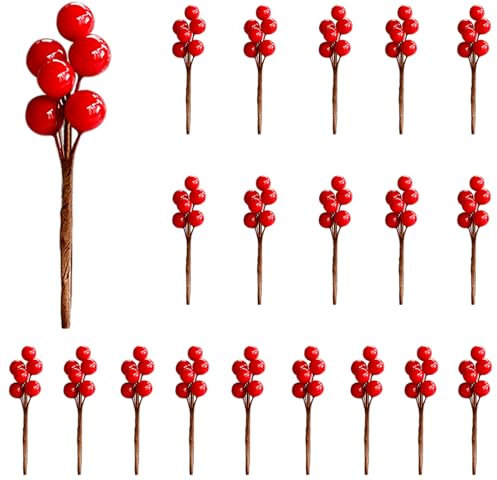 RXXR 20 Pezzi Artificiali Bacche Natale Decorazioni Agrifoglio per la Decorazioni Albero di Natale Decorazione Artificiale Festa di Natale Decorazione (6 Bacche Rosse Artificiali)