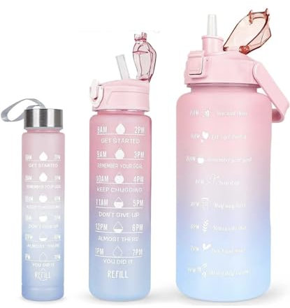 HealthyMoov 3 pièces gourde isotherme motivation bouteille d'eau plastique forme ultra légère compacte avec paille sport randonnée transport voyage camping plein air repas 280mL 750 mL 2L, rose bleu
