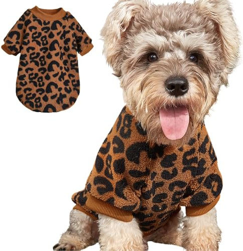 MeiAOBest Warmer Winter-Plüschpullover für kaltes Wetter, Haustier-Pyjama, schöne Flanellkleidung für Katzen, Welpen, kleine Hunde, Größe S (brauner Leopard)