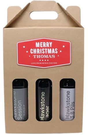 Personalised Christmas Design Kraft Beer Box Carrier & 3 Bottles of Beer Gift Set For Men, Dad, Son & Grandad (Hawkstone Beer 4.8% vol) (Red Christmas Design)