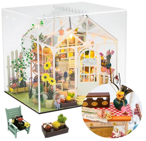 Doll House Kit Greenhouse, DIY Miniature Room with LED light, Wooden Model Building Kit for Adults, Flower House，Gifts for friends (With dust cover)