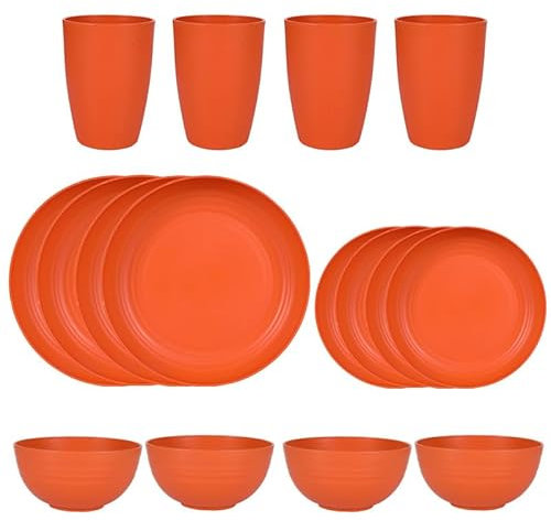 Juego de vajilla de paja de trigo de 16 piezas, juego de platos y cuencos, juego de platos de camping para 4, juego de vajilla de plástico, apto para lavavajillas, color naranja