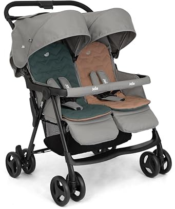 Joie aire™ twin Zwillingsbuggy – leichter Buggy mit kompaktem Faltmaß, flacher Liegefunktion, Regenschutz & zwei Sitzen, geeignet ab Geburt bis 3 Jahre (0–15 kg) (PEBBLE)