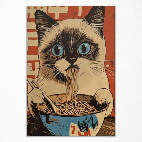 GAINOW Vintage Japanische Katze Leinwand Wandkunst, Kawaii Katze isst Nudeln Poster, Cooles lustiges Tier Essen Kunstdruck, asiatisch inspirierte Küche Wanddekoration 40x60cm ungerahmt