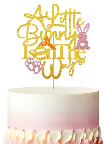 A Little Bunny Is On The Way Cake Topper, Bunny Baby Shower Cake Topper, Gold Glitter Bunny Rabbit Cake Decor for Girls, Spring Easter Themed First Birthday/Gender Reveal Party Decoration
