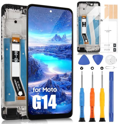 ARSSLY - Pantalla LCD para Motorola G14 PAYF0010IN para Motorola Moto G14/G54 Pantalla XT-2343 Táctil Digitalizador Asamblea + Kit de reparación (negro con marco)