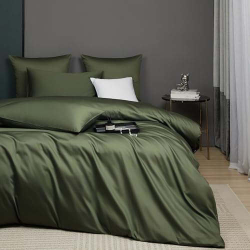 Luofanfei Kühlend Mako Satin Bettwäsche 155x220 Baumwolle Olivgrün Grün | Glatt Luxus Muster Atmungsaktiv Sommer Bettwäscheset Weich und Bügelfrei Uni Bettbezug und 2 Kissenbezüge 80x80 cm