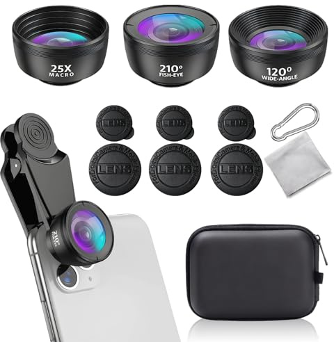 3 in 1 Handy Kamera Objektiv, Makro Objektiv Handy, HD 210° Fischaugenobjektiv, 120° Weitwinkel, 25X Makroobjektiv, für die meisten Smartphones