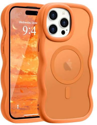 Pepmune Magnetic for iPhone 15 Pro Max Case Translucent Matte Orange | Compatible with Magsafe,Cute Curly Wave Frame Phone Case,Soft TPU Bumper Slim Fit Shockproof Protective Cover for Men-Orange