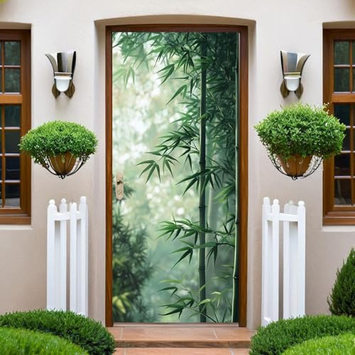 Vert Papier Peint Porte 73x204 cm bambou forestier Trompe l'oeil Sticker Poster Porte Trompe l'oeil Intérieure Muraux PVC pour Décoration Mur Salon Cuisine Chambre Salle de Bain