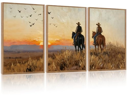 KAIRNE Western Cowboy Sonnenuntergang Praerie Leinwandbild 30x40cmx3