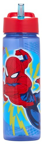 Marvel Spider-Man Kids Water Bottle, Blue and Red, 600ml, with Flip-Top Lid, Built-In Straw and Carry Handle