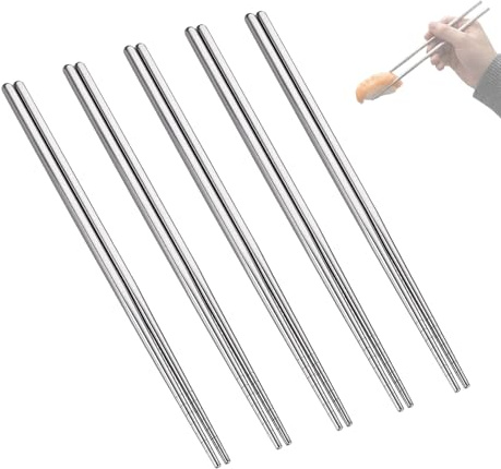 JIXLOUR Baguettes coréennes en acier inoxydable 304 – Baguette coréenne réutilisables, légères et multicolores, passent au lave-vaisselle, lot de 5 paires (argent)