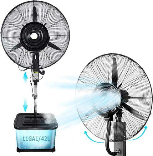 Ventilador de nebulización industrial, 3 velocidades, tanque grande de 43 litros, oscilación de 90°, altura ajustable, solución de refrigeración al aire libre para patios y eventos