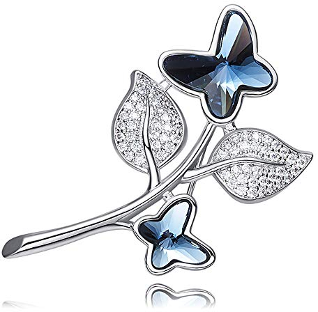 Kamise Brosche Damen Silber, 18K Weißgold Schmetterling Broschen & Anstecknadeln mit Blau & Weiß Kristall, Luxus Schmuck Bekleidung Zubehör mit Schmuck Geschenk Box