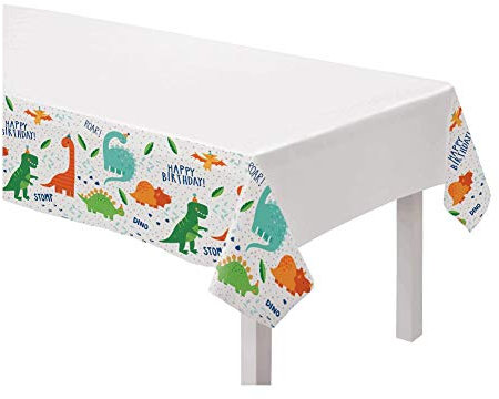 amscan 572270 Dino-Mite-Design Kunststoff-Tischdecke, 1 Stück, Weiß Transparent, 120 x 180 cm