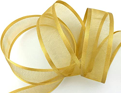 25 m x 25 mm Chiffonband mit Satin Kante GOLD (18) Beige Chiffon Dekoband Schleifenband Geschenkband Halbtransparent Glänzend ohne Draht Organza