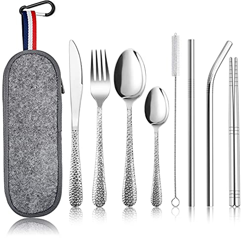 Homikit 9 Piece Camping Travel Cutlery Set, Stainless Steel Hammered Flatware Set for 1, Reusable Fork Knife Spoons Chopsticks Straws with Portable Case, Healthy & Dishwasher Safe (Dark Grey)