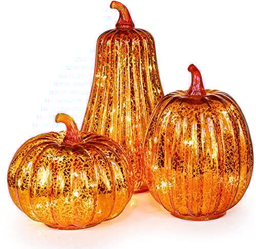 KI Store Glas Kürbis beleuchtet mit Timer Set of 3 LED Kürbis Figuren groß 27/21/15cm Nachtlicht Ornamente für Tafelaufsatz,Erntedankfest Halloween Herbst deko herbstdeko
