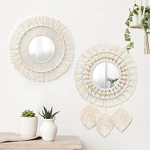 SOMYTING Makramee Wandspiegel 2 Set Runden Spiegel Boho Makramee Fransenspiegel mit Holzperlenfeder Anhänger für Wohnung Wohnzimmer Schlafzimmer Kinderzimmer Schöne Geschenkideen(Plume + Lrradier)