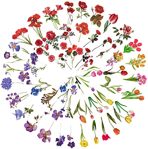RoserRose 120 Stück Sticker Blumen, Blumen Sticker, Aufkleber Blumen, Blumensticker, Blumen Aufkleber, PET Blumen Aufkleber Pflanzen Sticker, FüR Scrapbook Fotoalbum Sammelalbum Laptops Handwerk