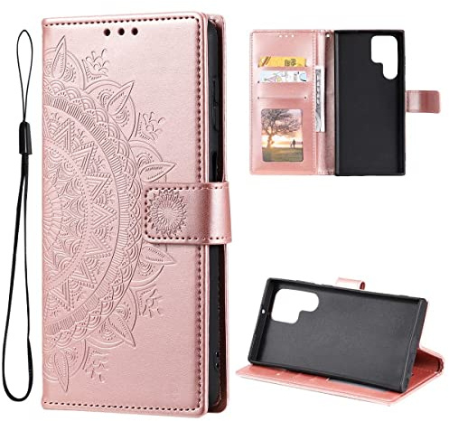 CoverKingz Mandala Klapphülle für Samsung Galaxy S22 Ultra - Handy Tasche mit Kartenfach Cover - Handyhülle Book Case klappbar Rosegold