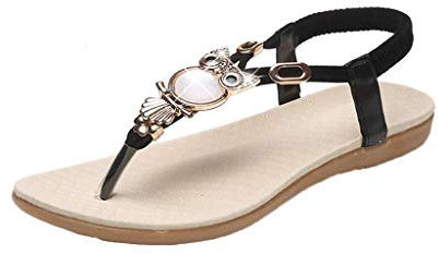 Sandalen Damen Flache Weiche Sohle Strandsandalen Mit Eule-Strass Dekoration RöMersandalen Freizeitsandalen Anti-Slip Peeptoe Sandalette Sommerschuhe Badeschlappen Partyschuhe Flipflop