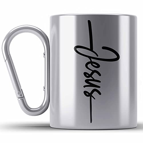 Trendation - Jesus Christus Edelstahl Tasse Karabiner Bibel Geschenk Kreuz Glauben Kirche Christliche Geschenkidee (Silber)