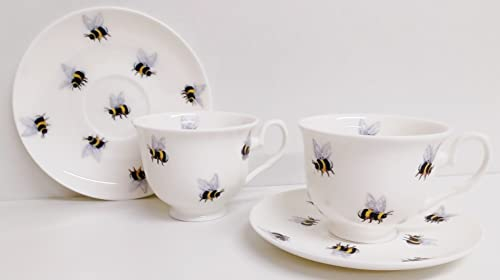 Rainbow Decors Bees 2 Tea Cups 2 Saucers Fine Bone China Bumblebee Hand Decorated UK, White, One Size