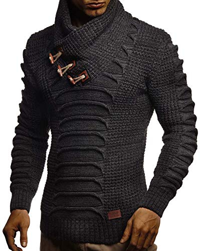 Leif Nelson Herren Strickpullover Pullover Schalkragen Slim Fit Winter Männer schwarzer Pulli Langarm Hoodie-Wollpullover LN-5575 Anthrazit-Schwarz Large