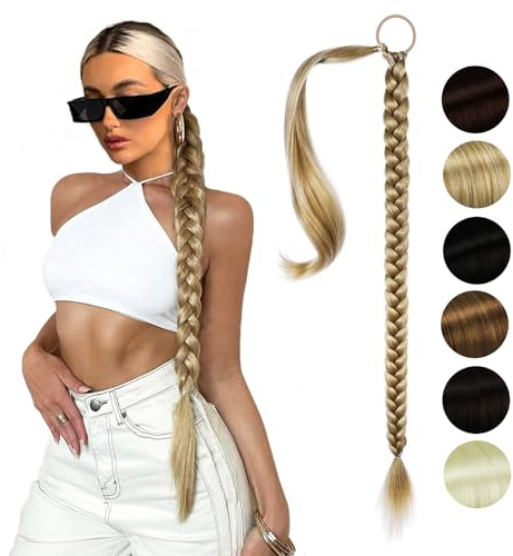 NASHRIO Braid Extensions Pferdeschwanz Mit Gummiband,Gerade Umwickelter Pferdeschwanz Zöpfe, 80 cm Lang Ponytail Geflochten Kunsthaar Haarverlängerung für Damen Mädchen Pferdeschwanz, Aschblond