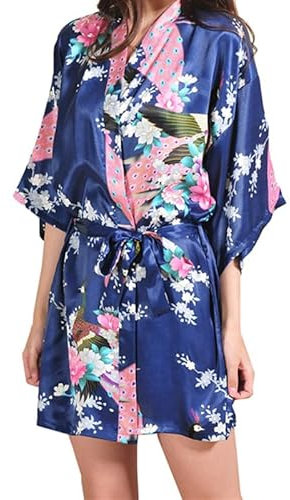 Prohonbec Damen Satin Kimono Morgenmantel mit Gürtel, Pfau und Blumen Muster, V-Ausschnitt Bademantel Kurz Robe Braut Bademantel Nachtwäsche für Tägliche Kleidung, Spa, Brautparty, Marineblau