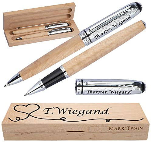 Mark Twain Schreibset aus Holz mit Box | Holzkorpus Drehkugelschreiber und Rollerball aus Metall mit Gravur | Großraummine blau schreibend | Box mit Wunschgravur | (Herz)