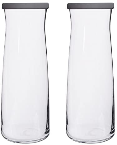 LAV 2x Grey Lid 1.2L Vera Glass Carafe - Water Wine Juice Fridge Storage Pitcher Jug Set | Bedside Laundry Dispenser Bottle Jar