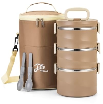 Lille Home Boîte à déjeuner/collation isotherme empilable en acier inoxydable à 3 niveaux avec sac à déjeuner, 2,6 l (Brun)