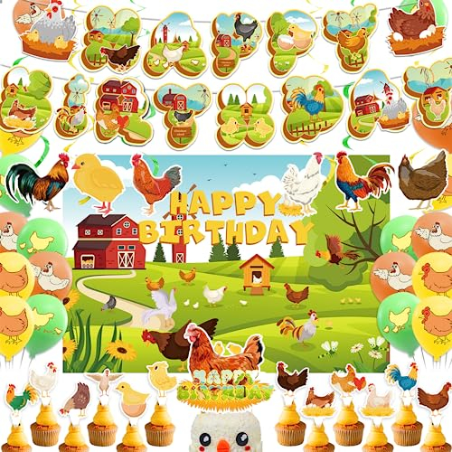 Huhn Geburtstag Party Supplies Set mit Banner, Hintergrund, Spiralen, Kuchen Cupcake Toppers, Ballons für Bauernhof Baby Dusche Dekorationen