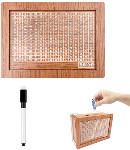 Fousenuk Spardose Aus Holz mit 5000€ Sparziel und Zahlen Zum Ankreuzen | Sparbox, Sparschwein mit Zähler, Aufbewahrungsbox mit Stift für Hilft Kindern und Erwachsenen Die Gewohnheit Zum Sparen