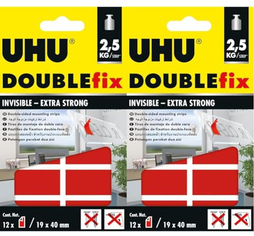 UHU Doppelstrips Transparent,Transparente doppelseitige Klebe- und Montage-Strips, 12 Strips (Packung mit 2)
