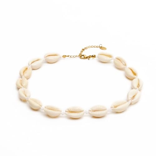 BERGERLIN Muschelkette für Damen und Herren - Mit vergoldetem Verschluss und Echtheitszertifizierung - Muschel Halskette, Muschel Choker (XS-S, Weiss)