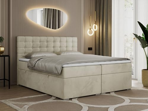 MKS MEBLE Boxspringbett 200x200 Beige Mit Bettkasten, Polsterbett Mit Multipocket-Matratze H3, Kopfteil Und Topper - H3 Beige Velvet - Susan