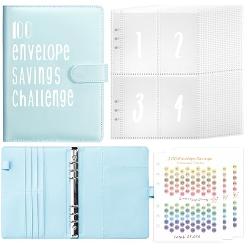 100 Umschläge Geld sparen Herausforderung Ordner mit Zahlen A5 Größe Sparen Lederbinder mit Geldumschlägen, Budget Binder zum Planen und Sparen von $5050 Blau