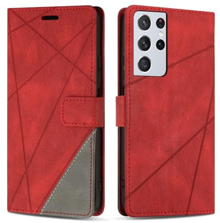 SONWO Case for Samsung Galaxy S21 Ultra, Premium PU Leather Flip Wallet Case Magnetic Closure Cover Case Card Slots kickstand Phone Case for Galaxy S21 Ultra, Red