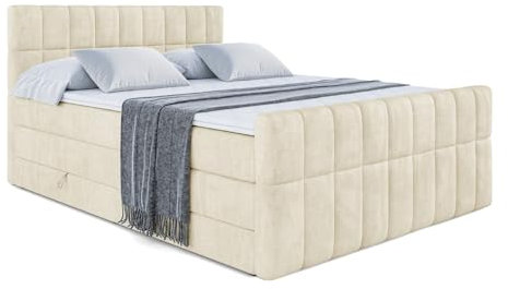 ALTDECOR Boxspringbett mit Matratze und Lattenrost, Topper, Fußteil,Polsterbett mit Bettkasten, Bett mit Stauraum H3- und H4- Matratze, Doppelbett - Miami-Z King - 140x200 - Beige Monolith